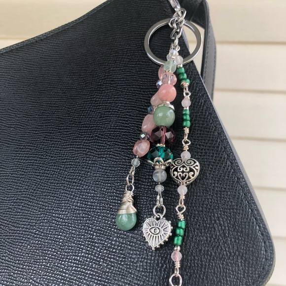 Floral Rose Quartz Aventurine Gemstone Purse Charm Keychain / Car Mirror Charm - Picture 5 of 15